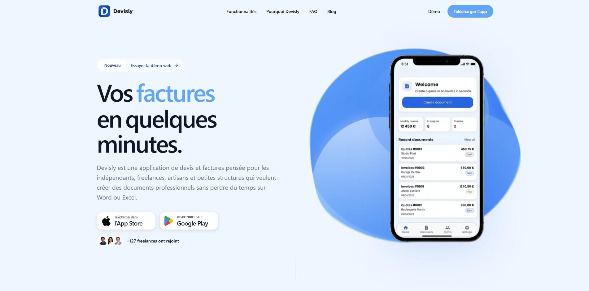 Devisly product website presenting its quote and invoice application.