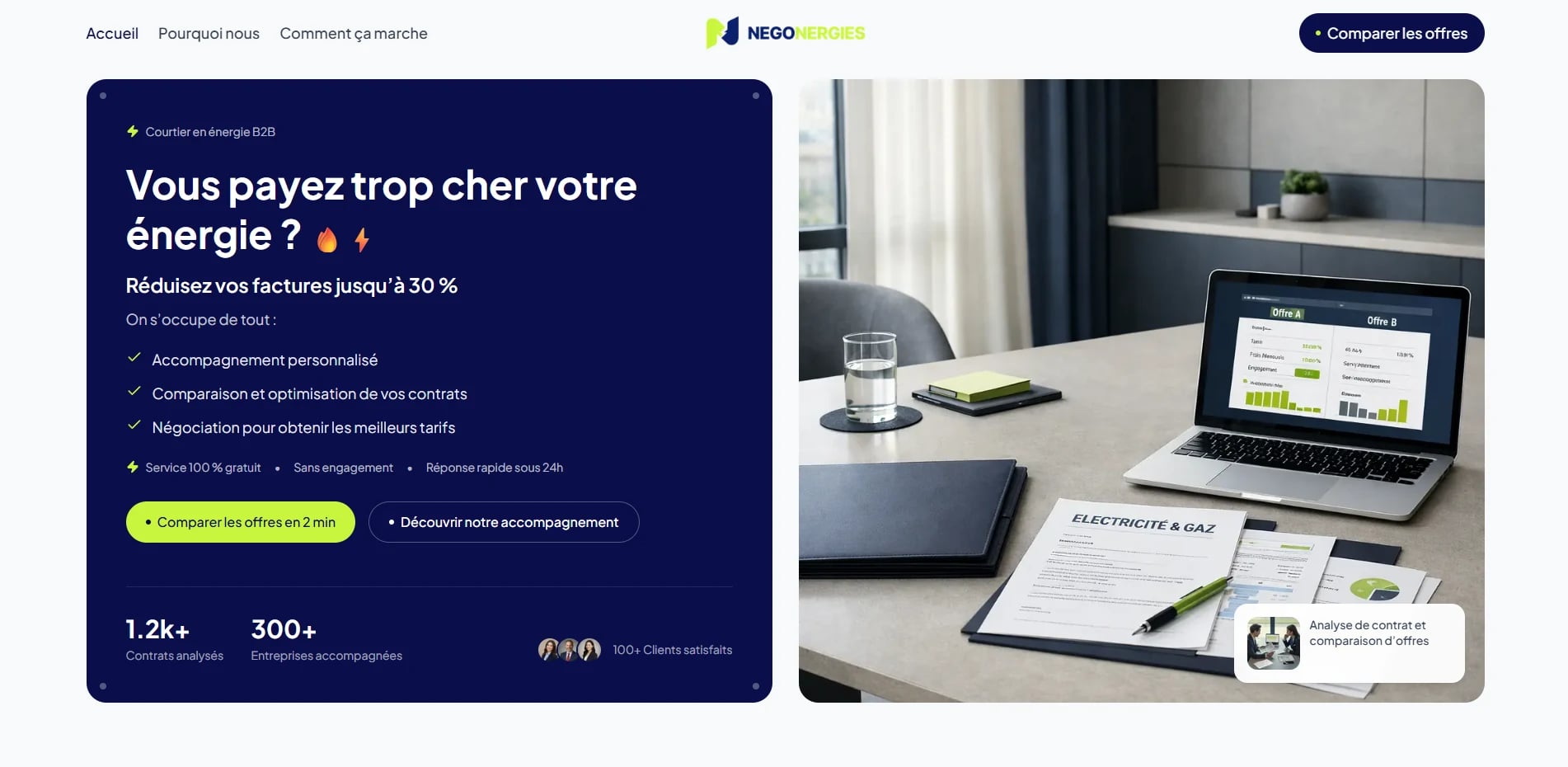 Négonergies business website homepage with its energy brokerage offer and comparison call to action.